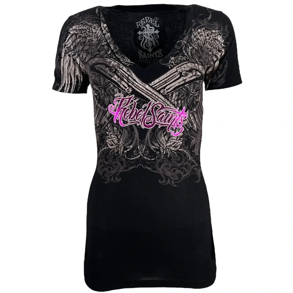 Rebel Saint by Affliction Women's T-shirt Ravenous Biker Tattoo - Picture 2 of 5